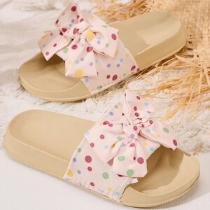 Flat Slide Sandals Slip-On Waterproof Flip-Flops Casual Shoes, Pink Bow Polkadot